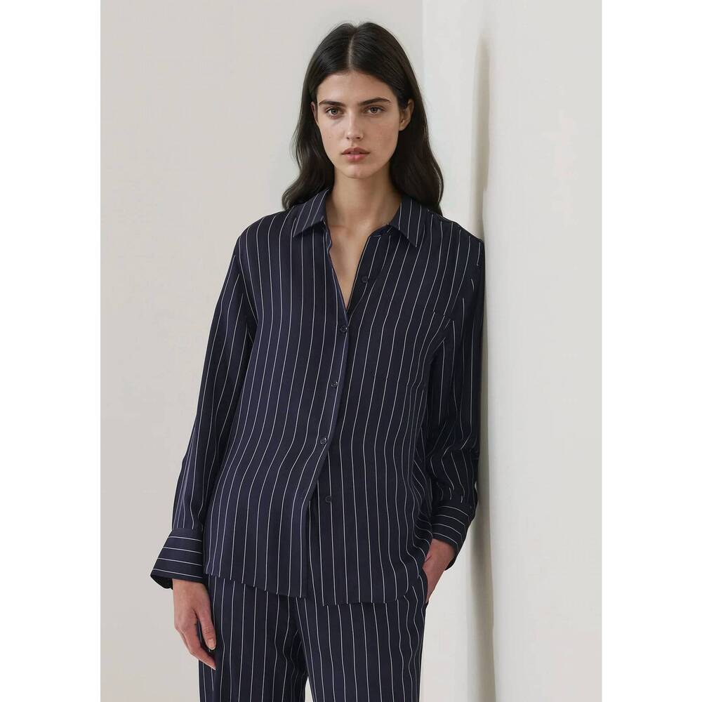 NEW PATRICK ASSARAF silk boyfriend pocket shirt in navy pinstripe